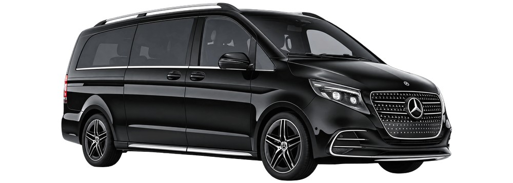 Black Mercedes-Benz V-Class Extra Long MPV, front three-quarter view