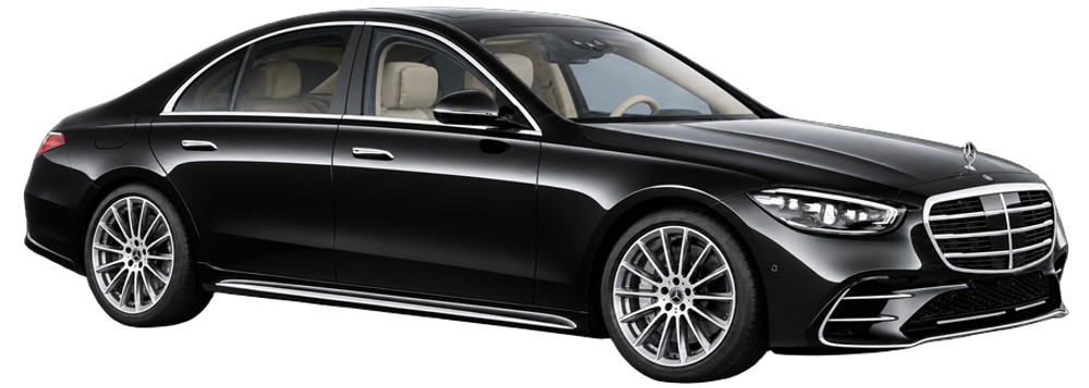 Black Mercedes-Benz S-Class, front three-quarter view
