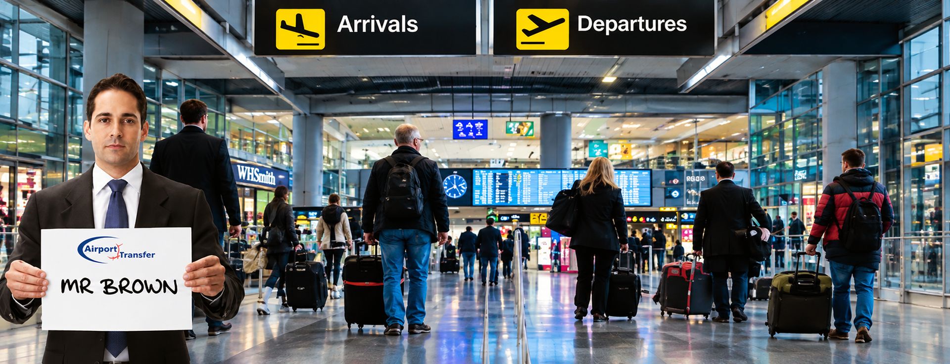 A chauffeur waiting at airport arrivals with a name board