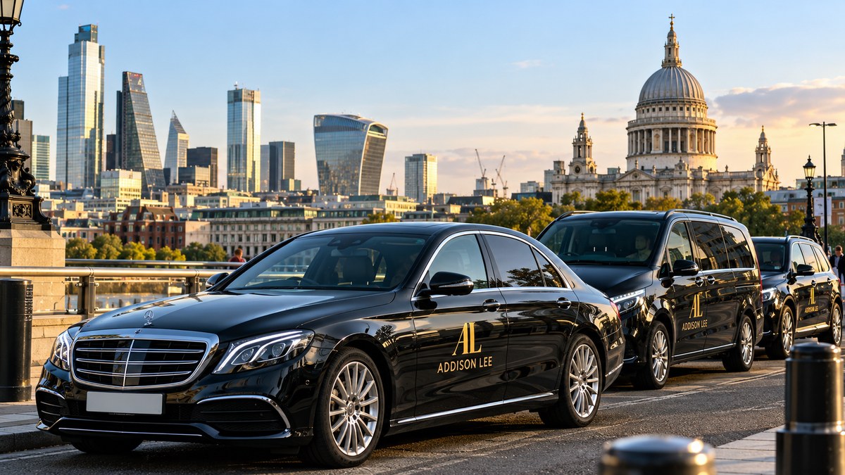 Addison Lee executive cars parked with the City of London skyline and St Paul's Cathedral in the background