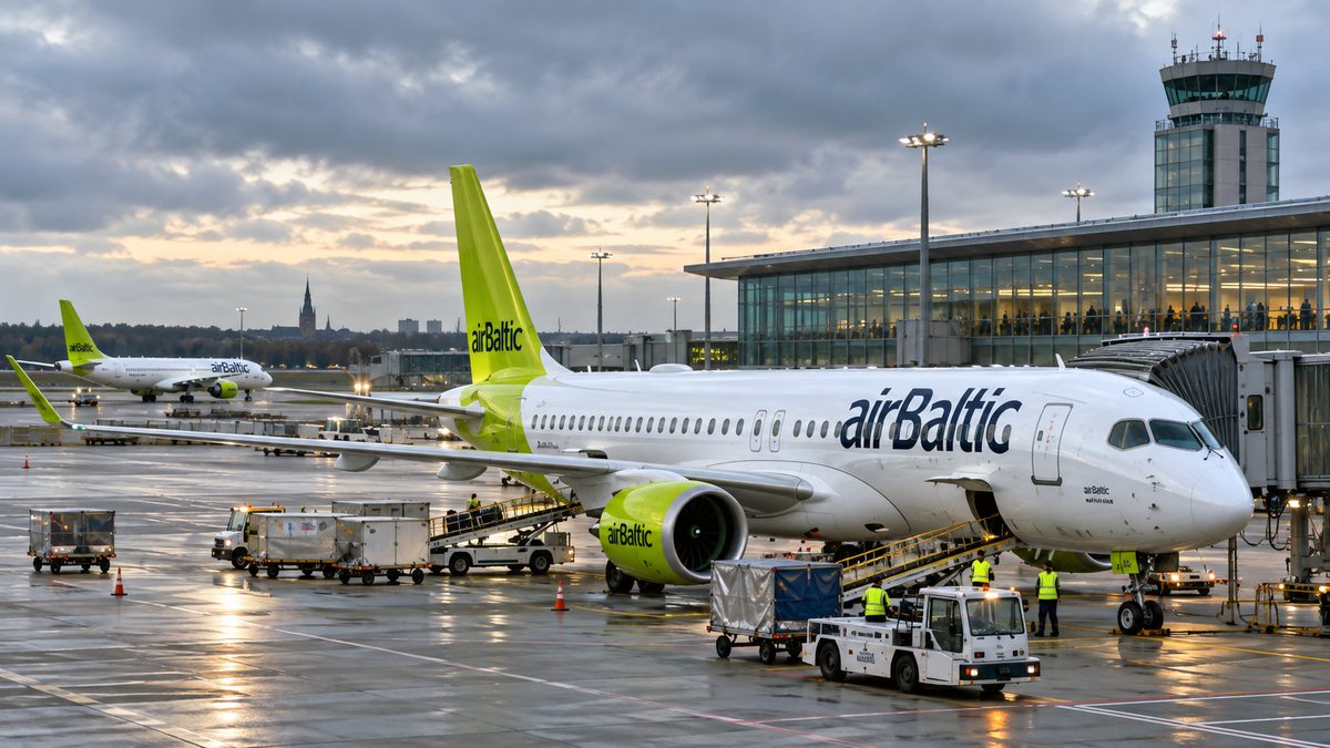 An airBaltic aircraft parked at an airport gate
