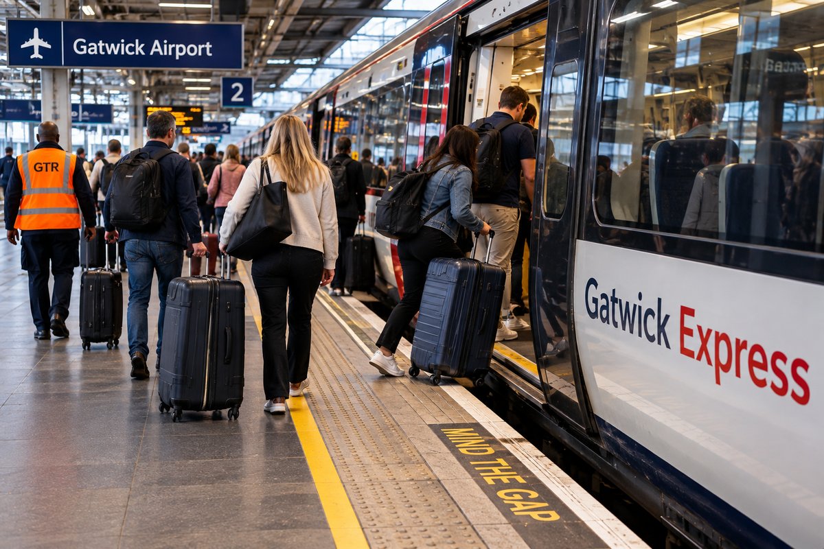 Passengers with wheeled suitcases boarding a Gatwick Express train, with a GTR staff member on the platform and a “Mind the Gap” marking underfoot