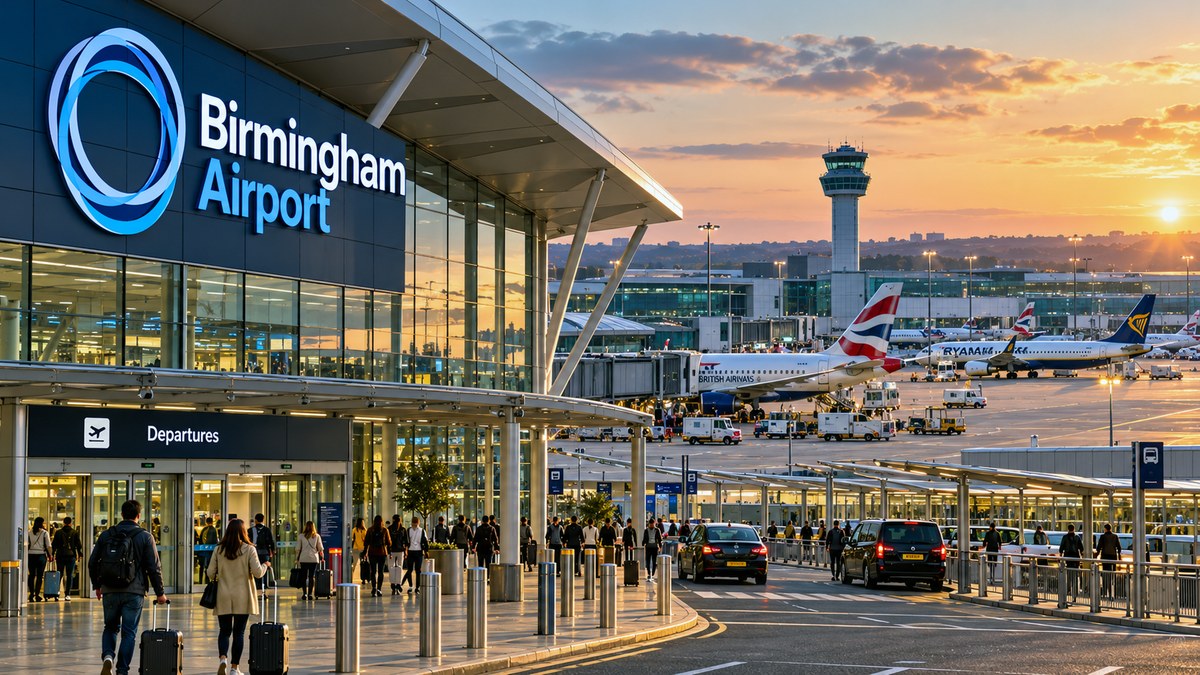 Birmingham Airport terminal at sunset with passengers walking past taxis and private hire vehicles outside departures