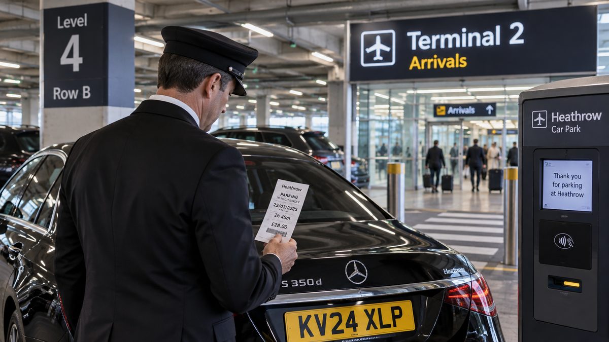 Concept illustration of a chauffeur holding a Heathrow parking receipt beside a car in a terminal car park