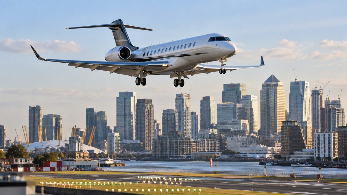 Bombardier Global 8000 private jet approaching London City Airport