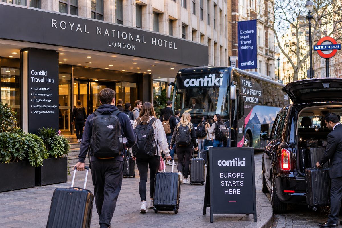 Travellers with suitcases and backpacks walking past a Contiki coach outside the Royal National Hotel near Russell Square