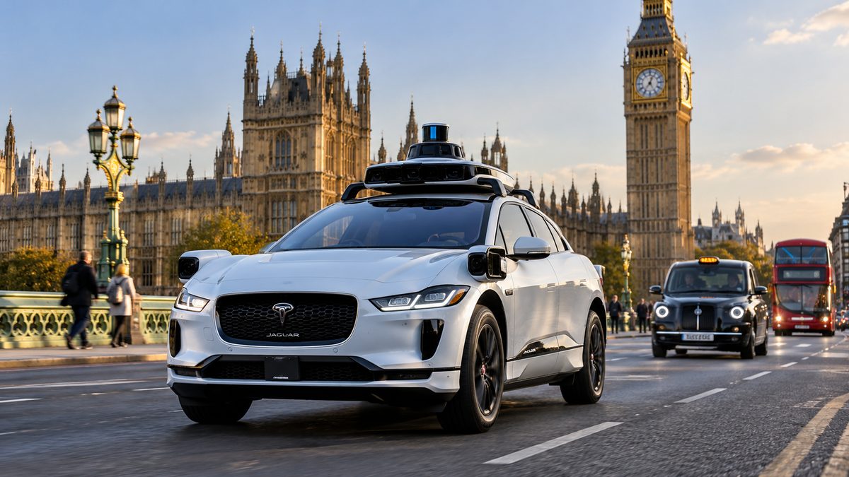 Concept illustration of a Waymo-style autonomous Jaguar I-PACE alongside a London black cab and bus near the Houses of Parliament