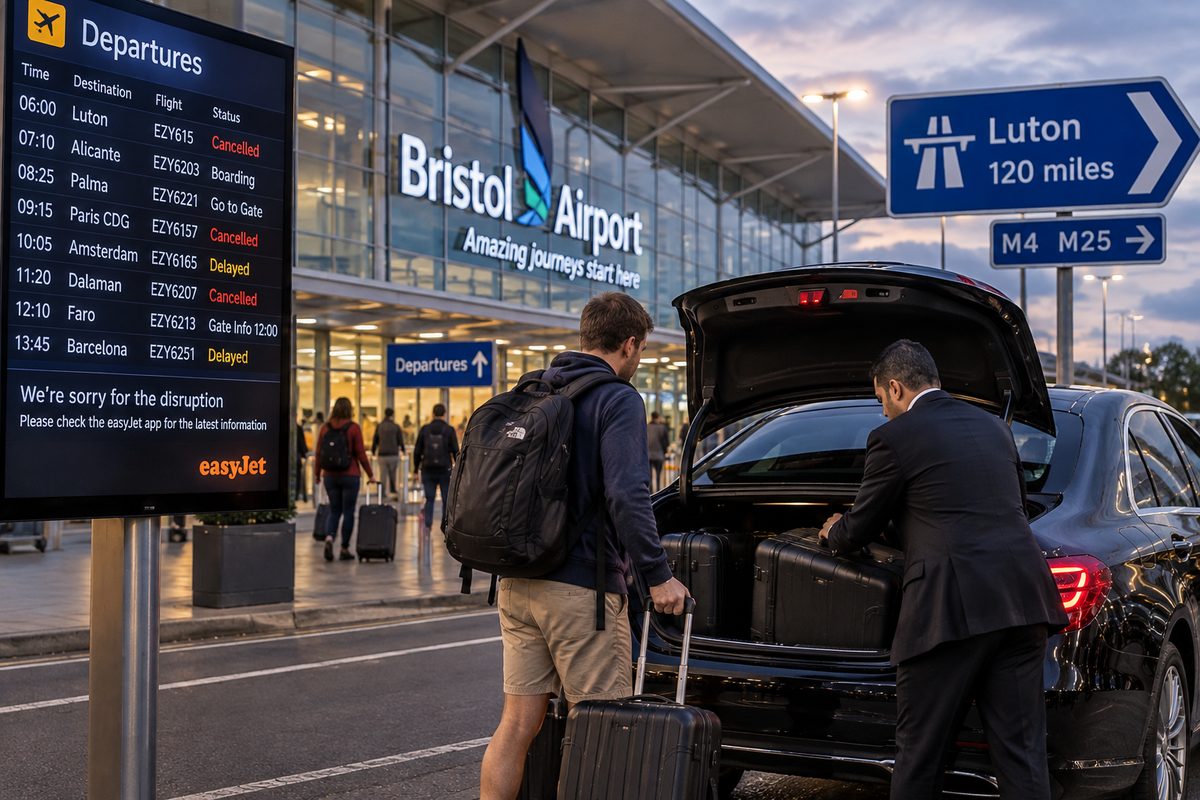 A chauffeur loading suitcases into a car outside Bristol Airport beside an easyJet departures board showing cancelled flights