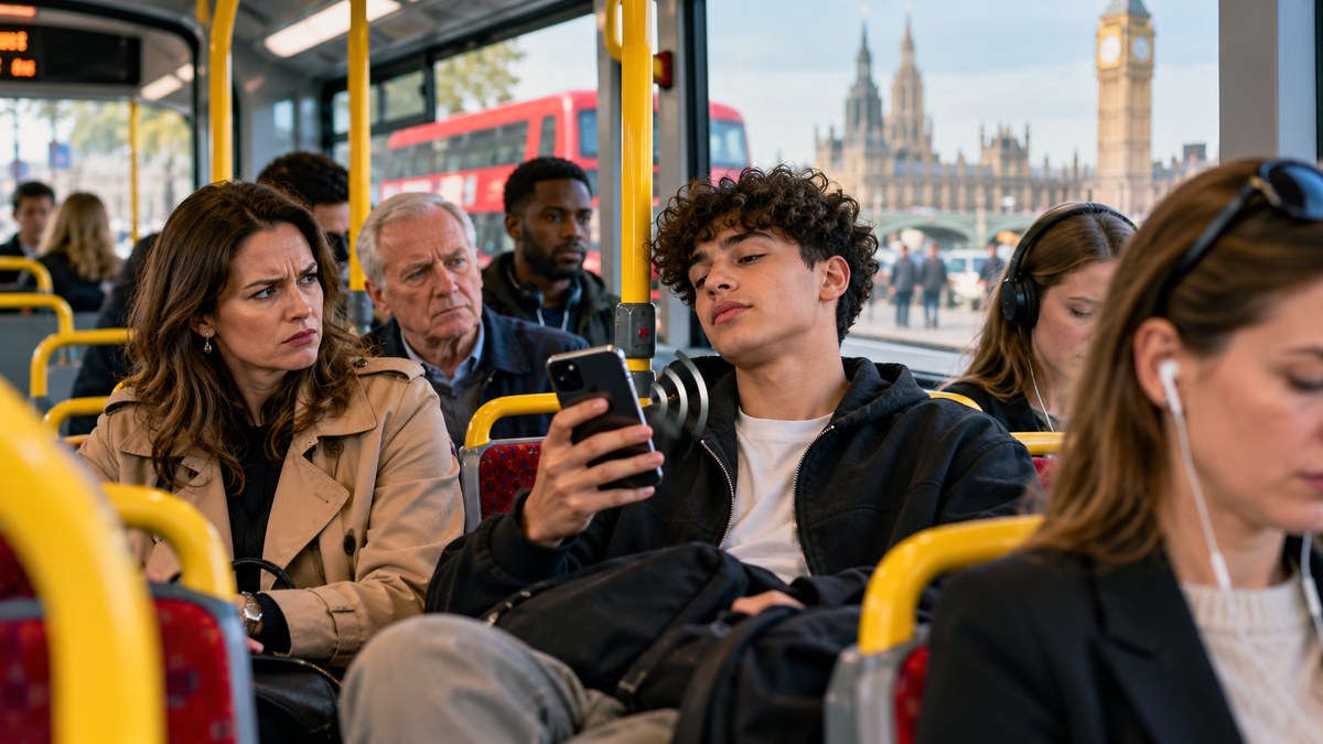 Passengers on a London bus, one playing audio loudly from a phone speaker while others nearby wear headphones