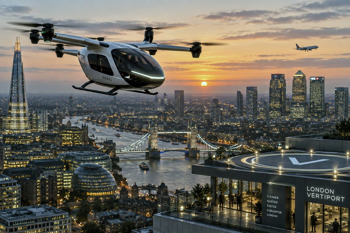 A concept eVTOL aircraft flying over the Thames near Tower Bridge towards a rooftop vertiport in London