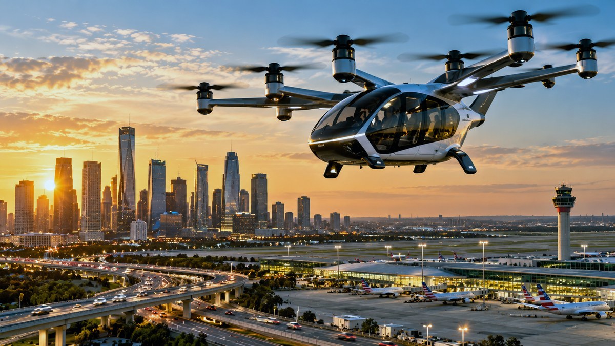A multi-rotor electric air taxi flying over a city skyline at sunset, with congested highways and an airport terminal visible below