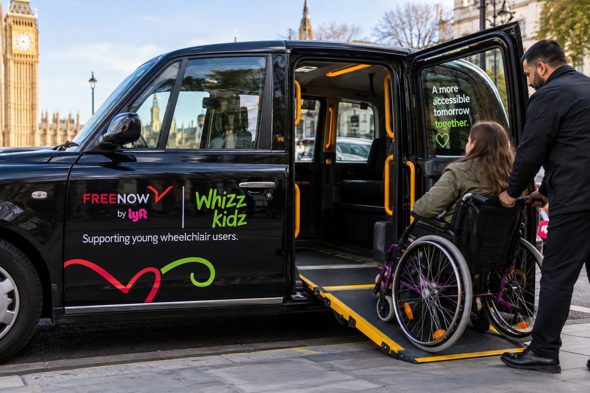 A liveried Freenow by Lyft and Whizz Kidz branded black cab with its wheelchair ramp deployed near Big Ben, as a driver assists a wheelchair user boarding
