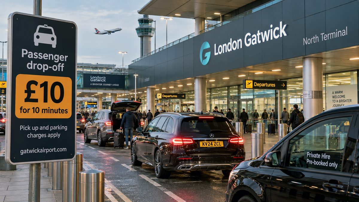 Concept illustration of a Gatwick Airport drop-off sign showing the new £10 charge