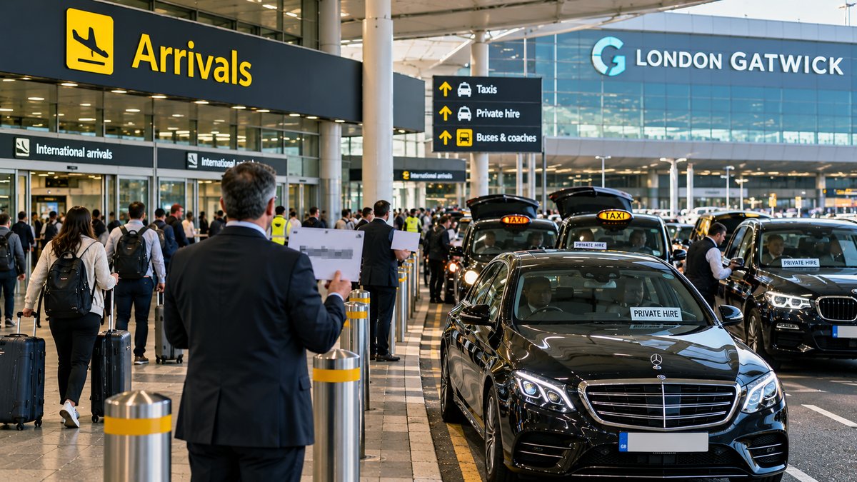 Chauffeurs holding name boards among black cabs and private hire cars outside Gatwick Airport arrivals, with Taxis and Private Hire signage overhead