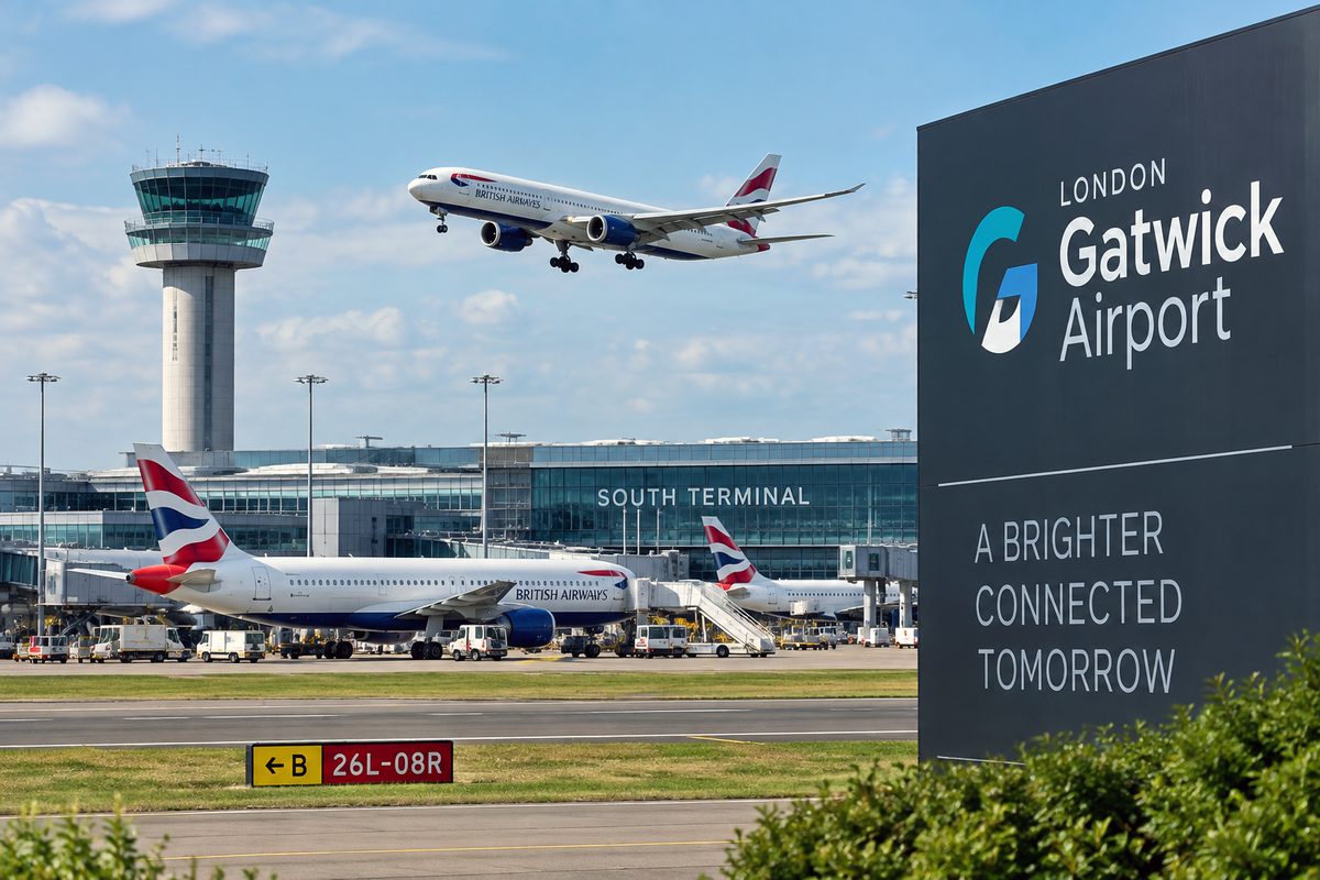 An aircraft coming in to land above Gatwick Airport's South Terminal, with the airport's entrance sign in the foreground