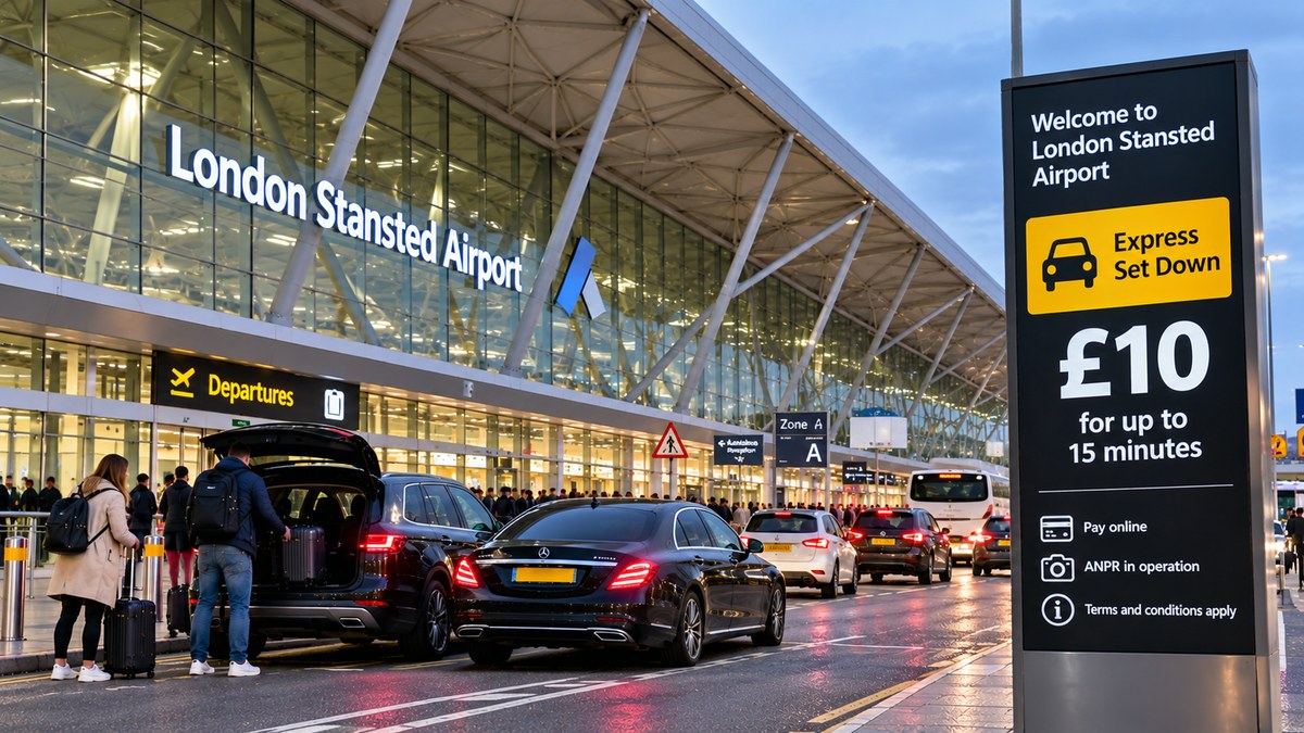 Stansted Airport's Express Set Down sign showing a £10 charge for up to 15 minutes, with cars and passengers at the drop-off zone