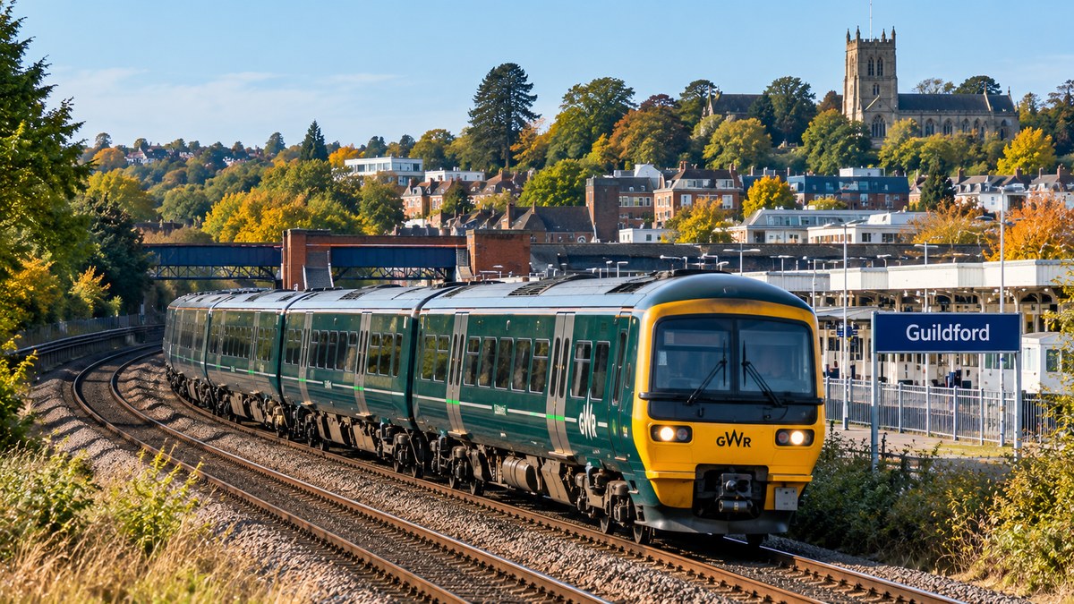 A Great Western Railway train approaching Guildford station with the town and cathedral visible in the background