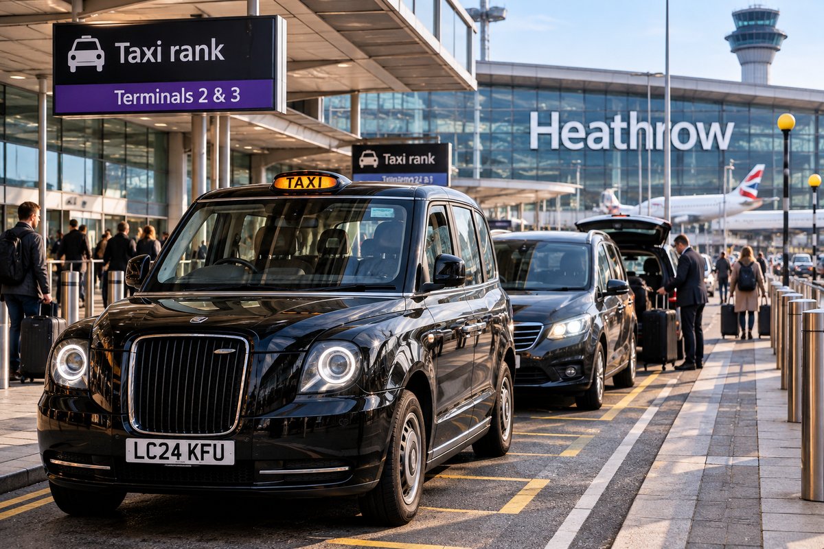 London black cabs queuing at the Heathrow Terminals 2 and 3 taxi rank, with passengers and luggage beside the terminal building