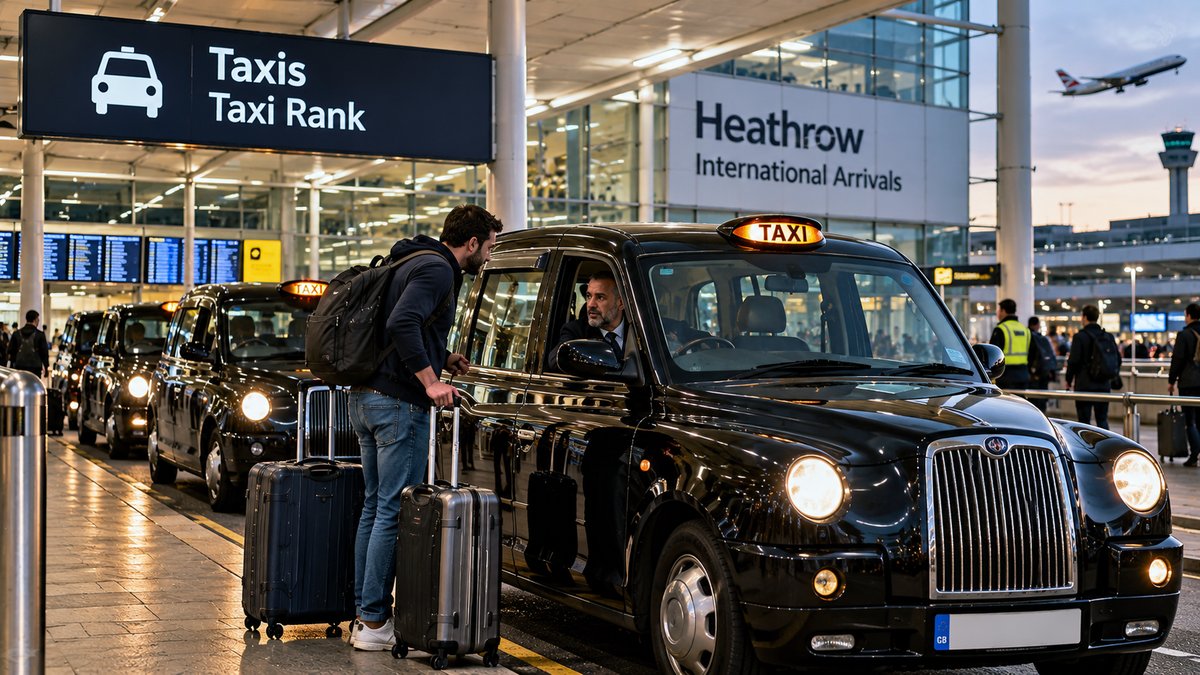 A passenger with suitcases speaking to a driver in a London black cab at the front of the Heathrow taxi rank, beneath a Taxis sign and the Heathrow International Arrivals building