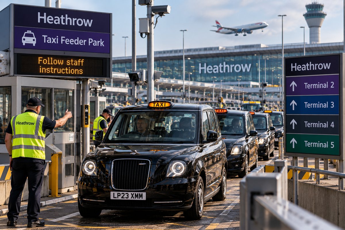 A Heathrow staff member in a hi-vis vest directing London black cabs through the Taxi Feeder Park entrance, beneath a sign reading “Follow staff instructions”