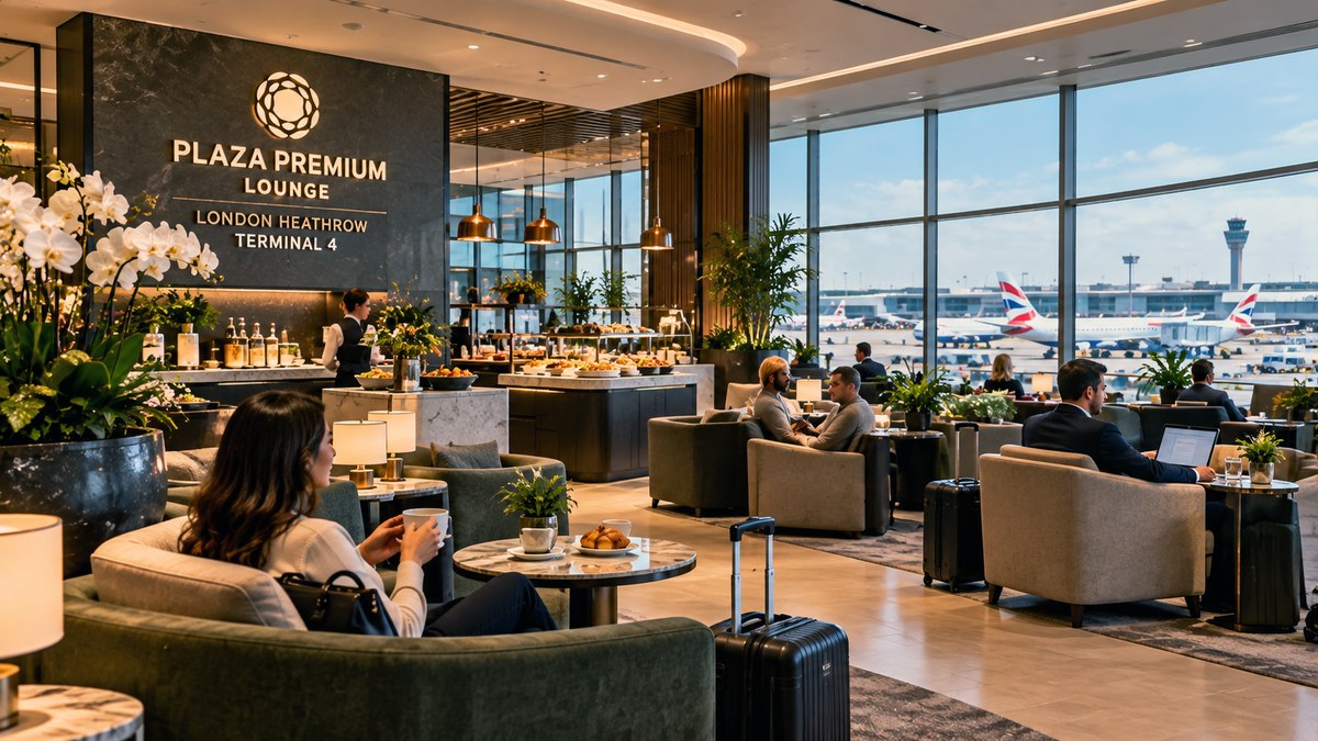 Passengers relaxing in the Plaza Premium Lounge at London Heathrow Terminal 4, with a buffet, seating area and aircraft visible through floor-to-ceiling windows
