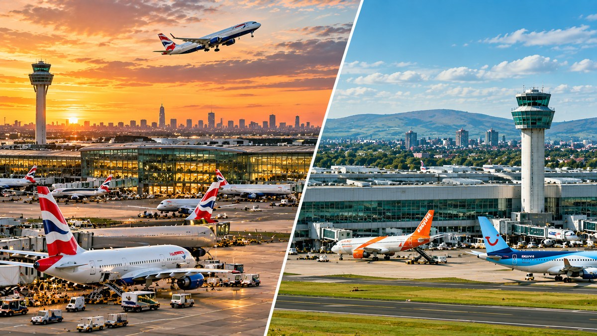 Split image contrasting Heathrow Airport at sunset with British Airways aircraft against the London skyline, and Manchester Airport in daylight with easyJet and TUI aircraft on the stand