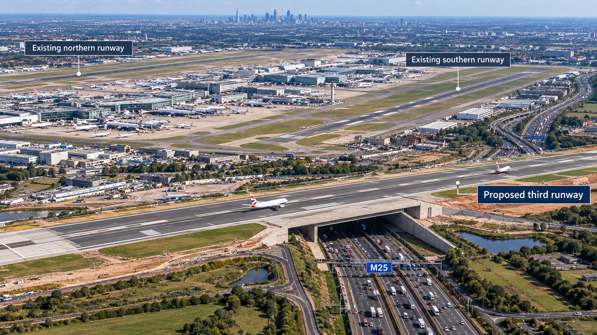 Aerial view of Heathrow Airport's existing northern and southern runways with the proposed third runway and its M25 tunnel crossing labelled