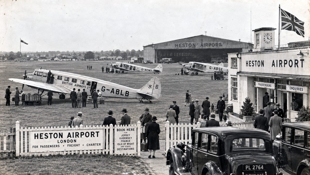 Illustrative recreation of Heston Airport's passenger terminal and aircraft in the 1930s