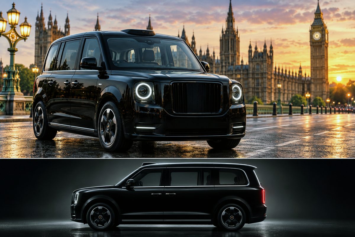Concept illustration of the upcoming LEVC TX6 London black cab, shown in front of the Houses of Parliament and in profile