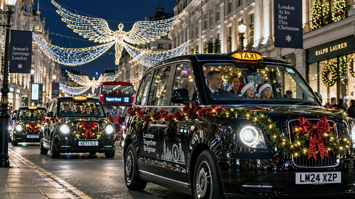 Decorated London black cabs carrying families past Christmas lights on Regent Street