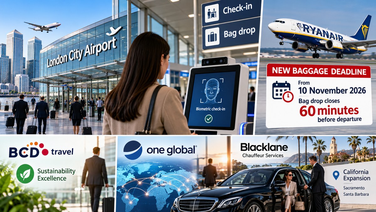 A composite image showing London City Airport’s new biometric check-in kiosk, a Ryanair aircraft with a new baggage deadline notice, and travel industry logos for BCD Travel, One Global and Blacklane chauffeur services