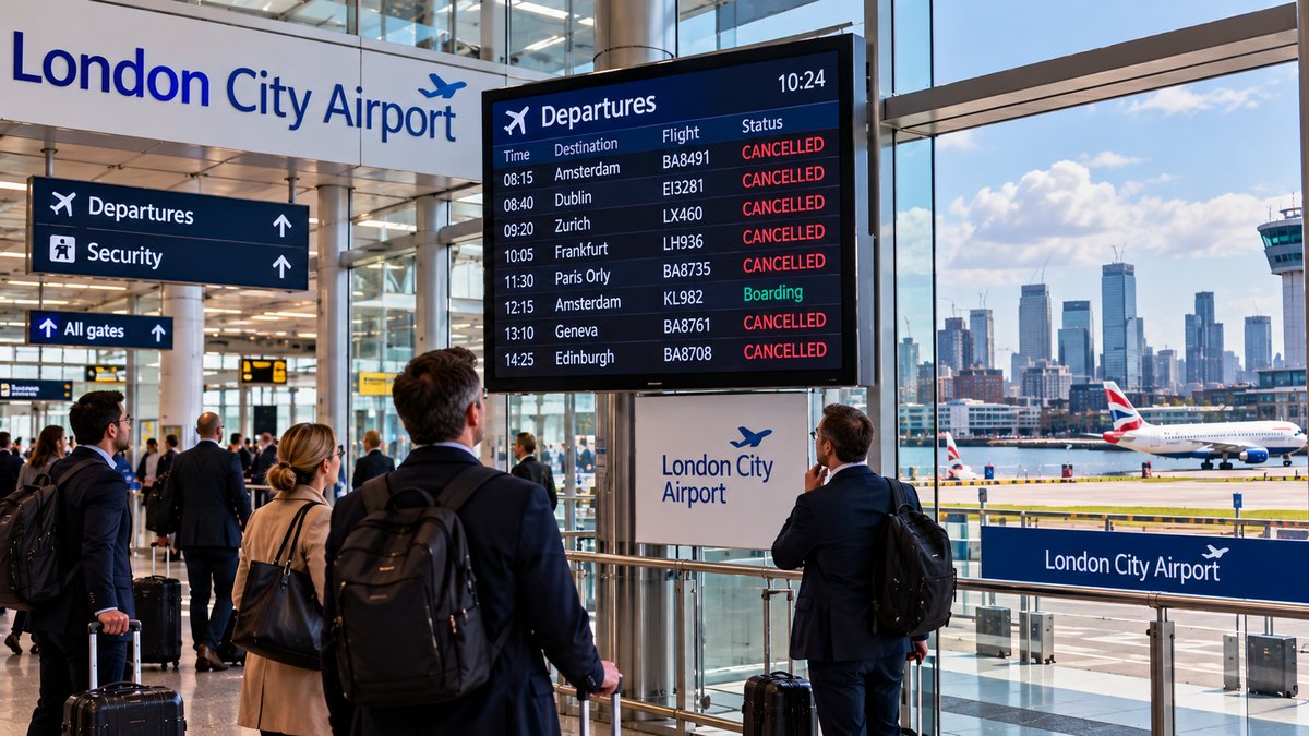 Passengers at London City Airport looking at a departures board showing multiple cancelled flights