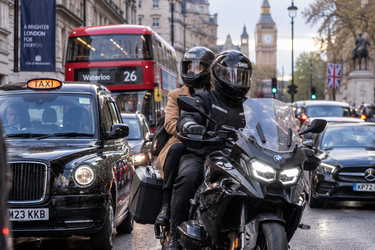A motorcycle taxi passenger and rider in London traffic near Westminster, alongside a black cab and a bus