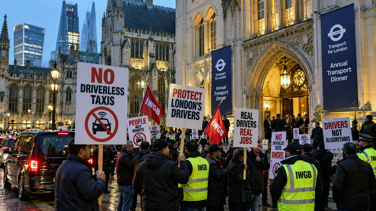 IWGB union members holding placards reading 'No Driverless Taxis' and 'Protect London's Drivers' outside the Guildhall during TfL's Annual Transport Dinner