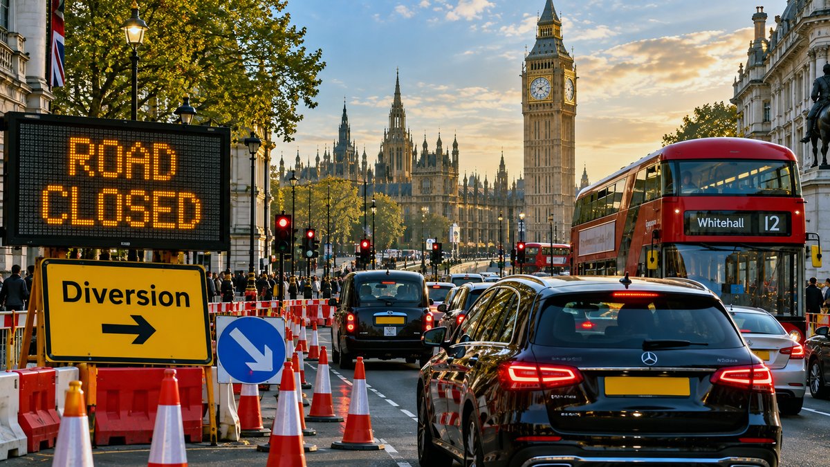 A “Road Closed” sign and diversion signage beside heavy traffic near the Houses of Parliament and Big Ben in Westminster
