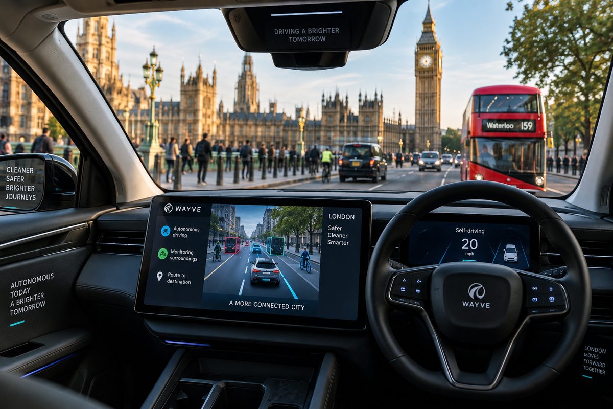 Illustrative render of a self-driving taxi dashboard, showing London landmarks through the windscreen
