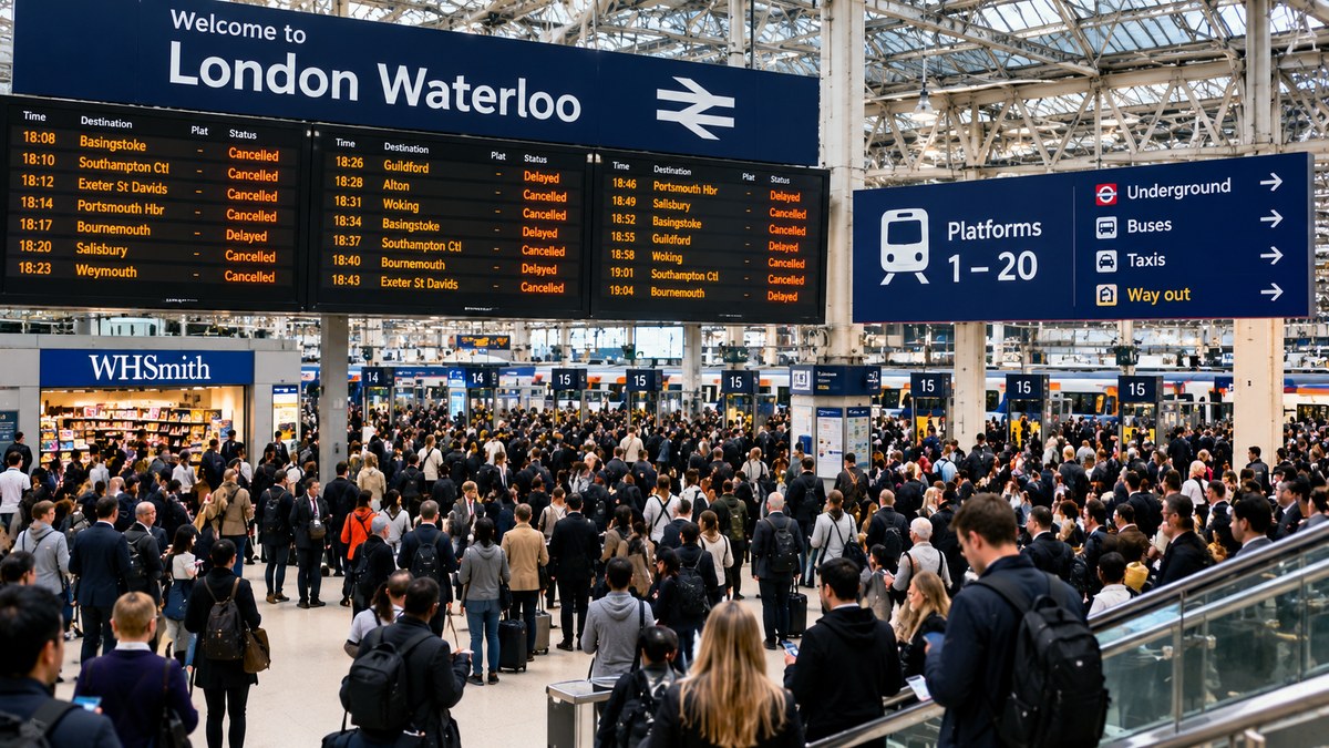 A crowded London Waterloo concourse beneath departure boards showing cancelled and delayed services to Basingstoke, Southampton, Exeter and other destinations