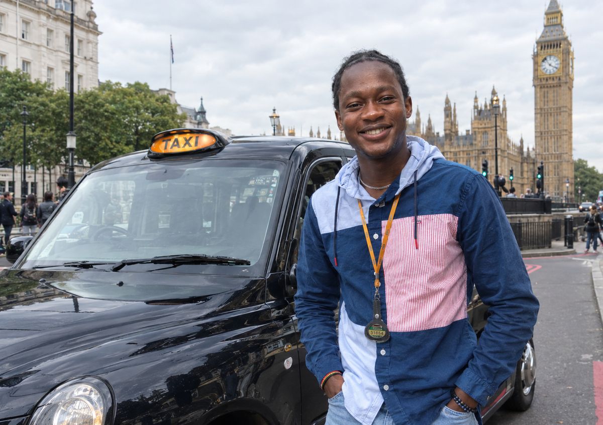 Illustrative AI-generated image of a young black-cab driver standing beside a London taxi, with Big Ben and the Houses of Parliament in the background.