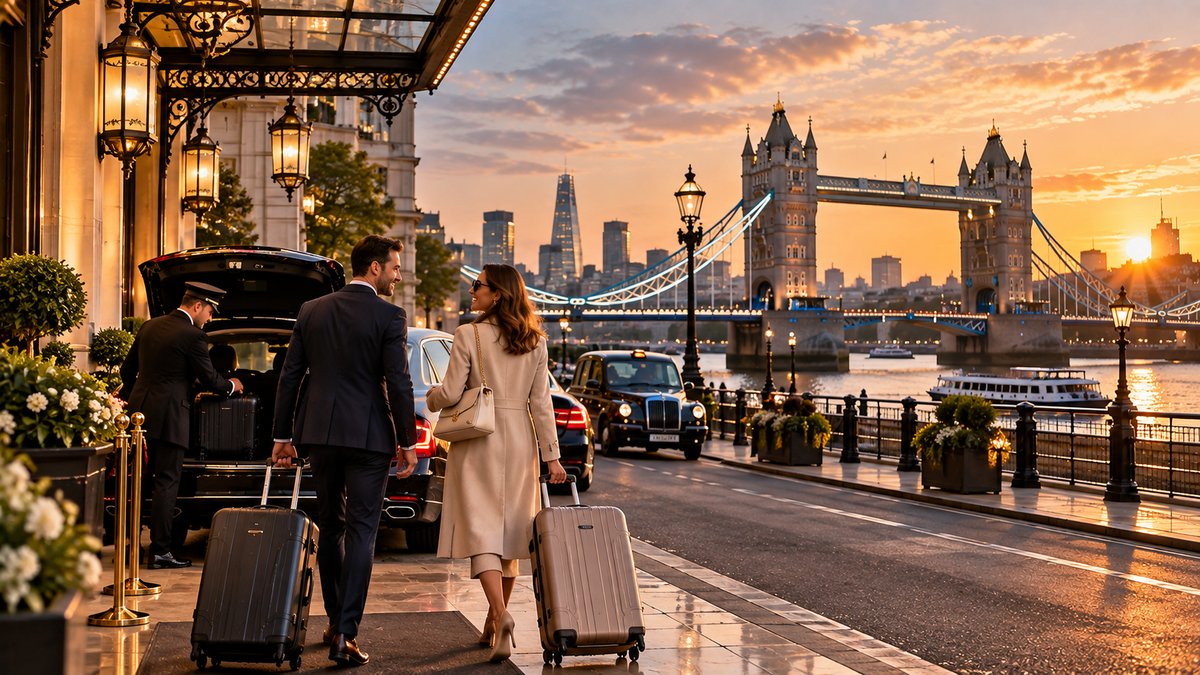 A well-dressed couple with luggage beside a chauffeur-driven car and a London black cab outside a luxury hotel, with Tower Bridge and the City skyline behind them at sunset