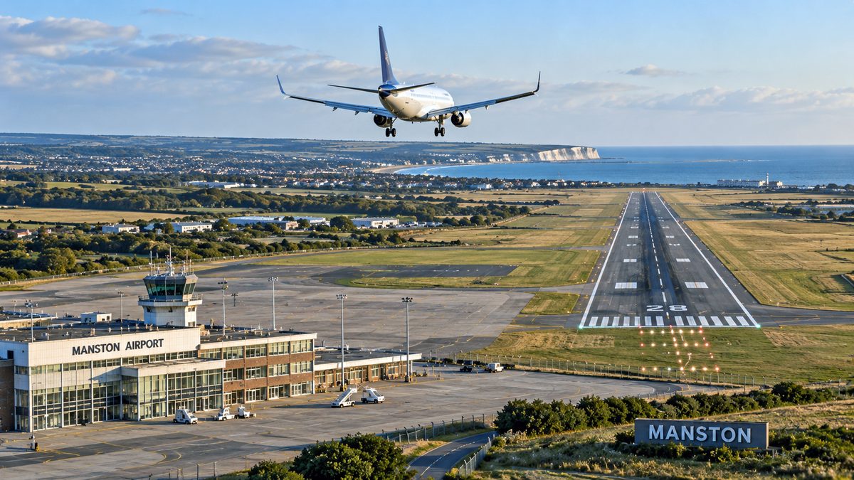 Concept illustration of an aircraft landing at a reopened Manston Airport in Kent