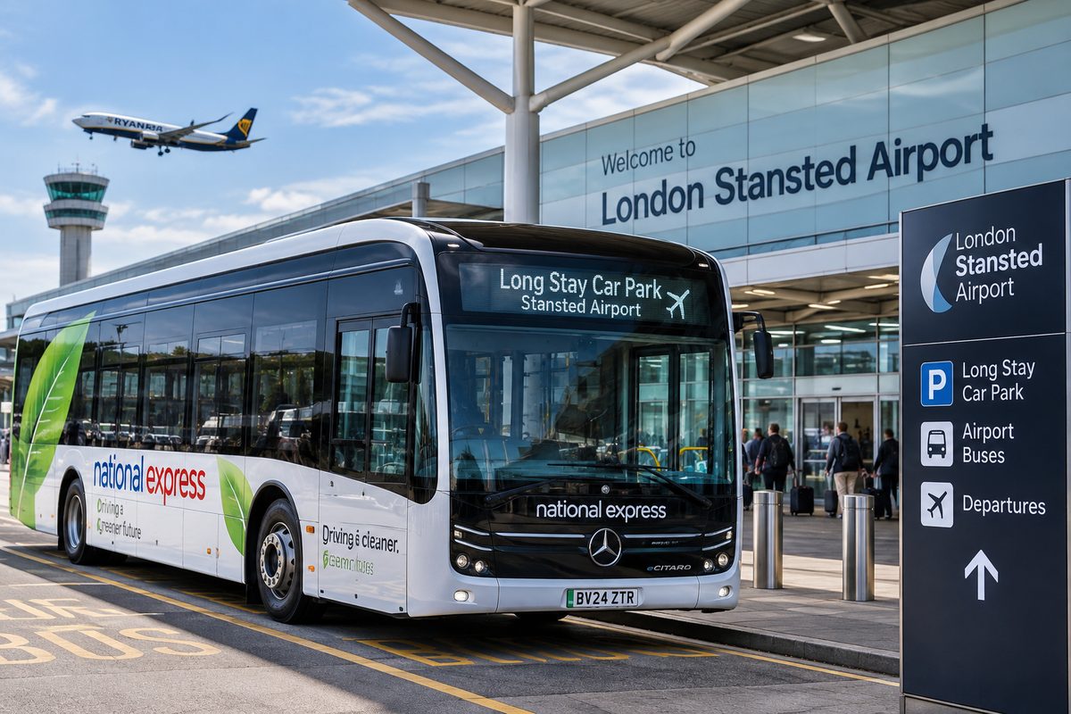 A National Express Mercedes-Benz eCitaro electric bus at Stansted Airport's long-stay car park shuttle stop