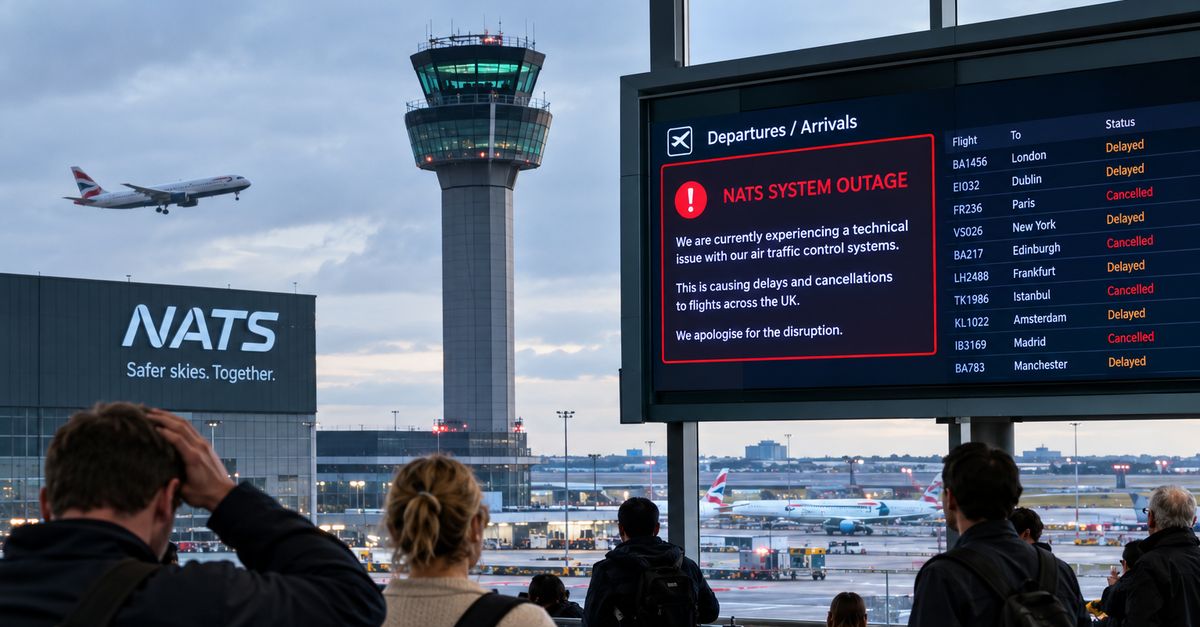 Passengers at an airport watch a departures board showing a NATS system outage message, with flights listed as delayed and cancelled.
