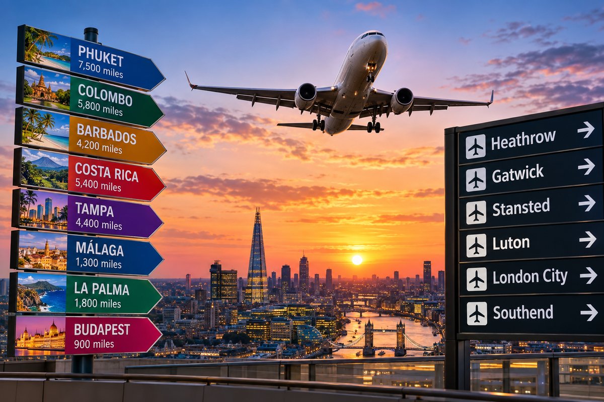 Concept graphic of an aircraft over the London skyline beside signposts for Phuket, Colombo, Barbados, Costa Rica, Tampa, Málaga, La Palma and Budapest, and for Heathrow, Gatwick, Stansted, Luton, London City and Southend airports