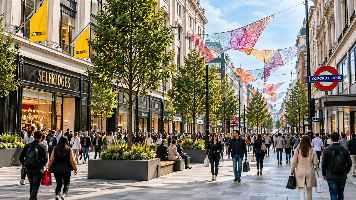 Pedestrians walking freely past Selfridges on a traffic-free Oxford Street near Oxford Circus, with decorative overhead art installations