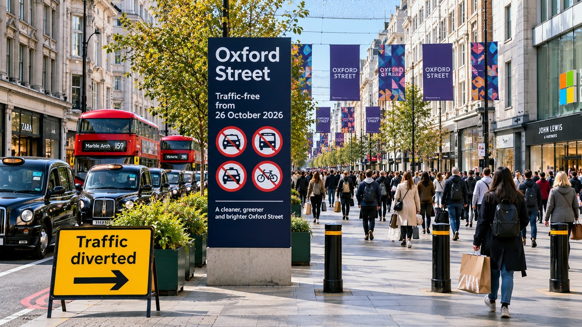 A sign on Oxford Street announcing it is traffic-free from 26 October 2026, with black cabs and buses queued on the still-open section and shoppers walking on the pedestrianised stretch beyond