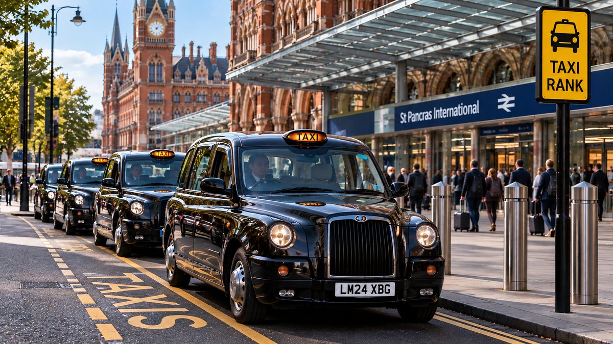 A queue of black cabs waiting at a taxi rank sign outside St Pancras International station