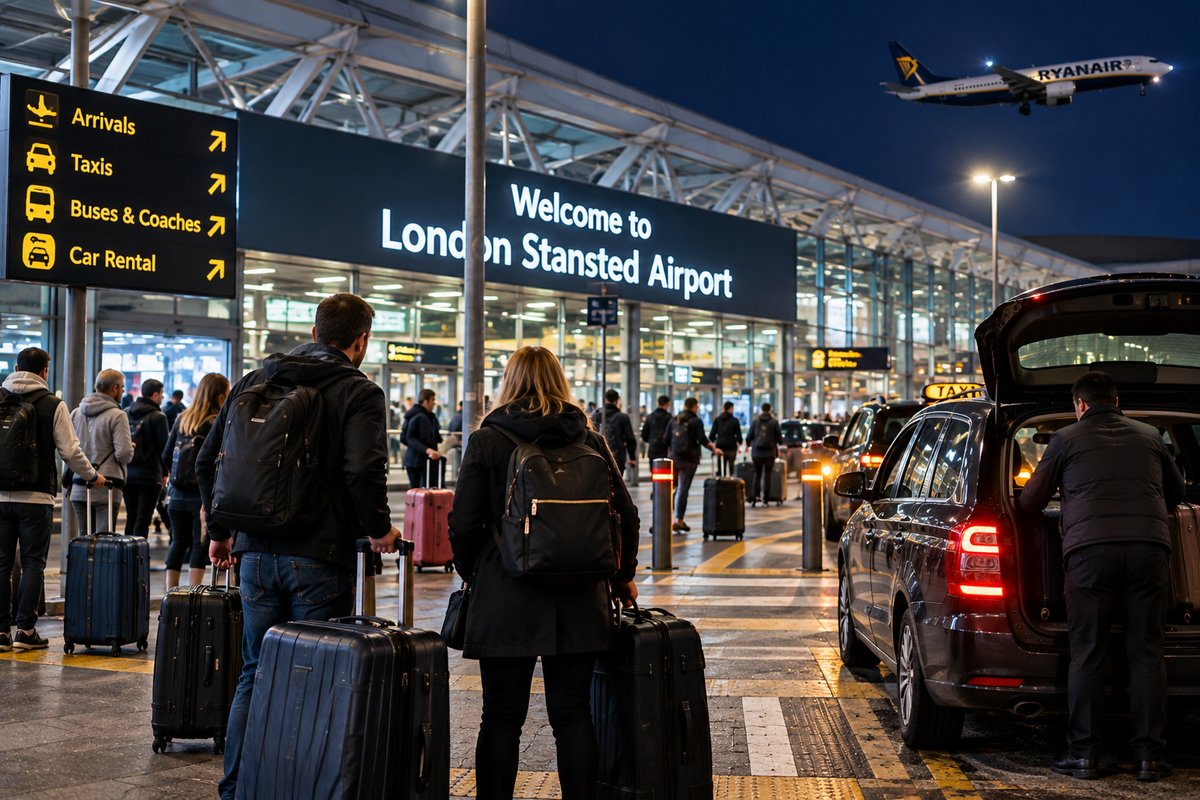 Passengers with suitcases at London Stansted Airport arrivals at night, with taxis waiting and a Ryanair aircraft overhead