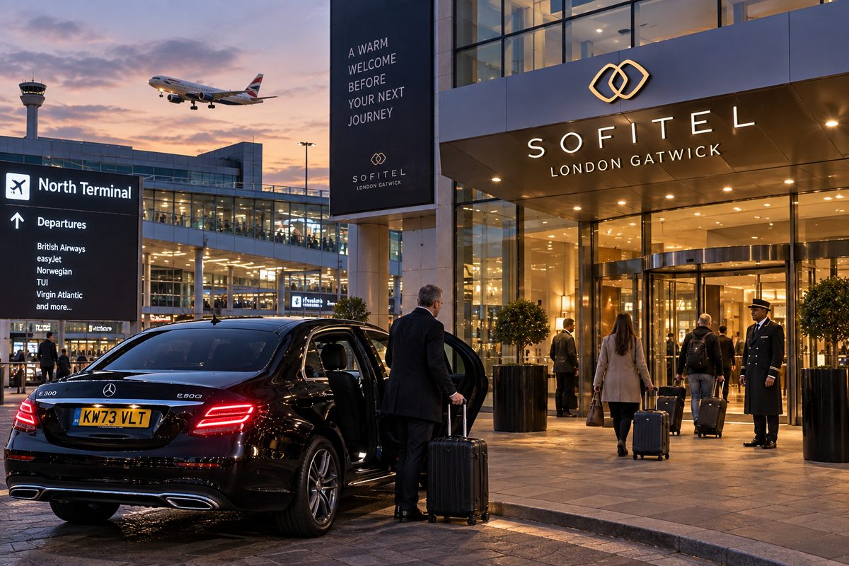 A chauffeur loading luggage into a car outside the Sofitel London Gatwick entrance at the North Terminal, with an aircraft overhead