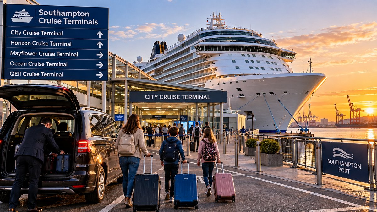 A family wheeling suitcases towards Southampton's City Cruise Terminal beside a large cruise ship, with a chauffeur unloading luggage from a car and a sign listing all five Southampton cruise terminals