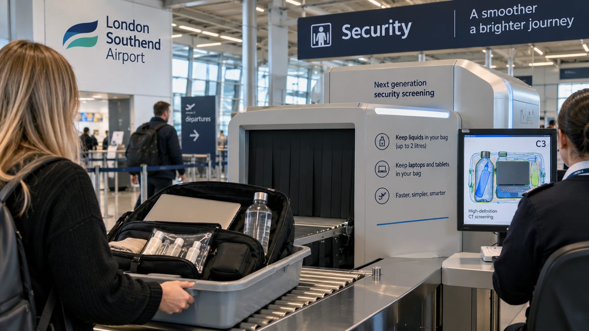 Passenger passing through new security screening at London Southend Airport